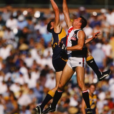 Michael Gardiner of the Eagles and Brett Cook of the Saints contest the ruck during 1998 round 6 AFL match between the St Kilda Saints and the West Coast Eagles.
