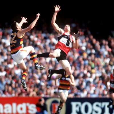 27 Sep 1997: Shaun Rehn of Adelaide contests the ruck against Brett Cook of St Kilda, in the AFL Grand Final match between the Adelaide Crows and St Kilda, played at the Melbourne Cricket Ground, Melbourne, Australia. Adelaide defeated St Kilda. Mandatory Credit: Stuart Milligan/ALLSPORT